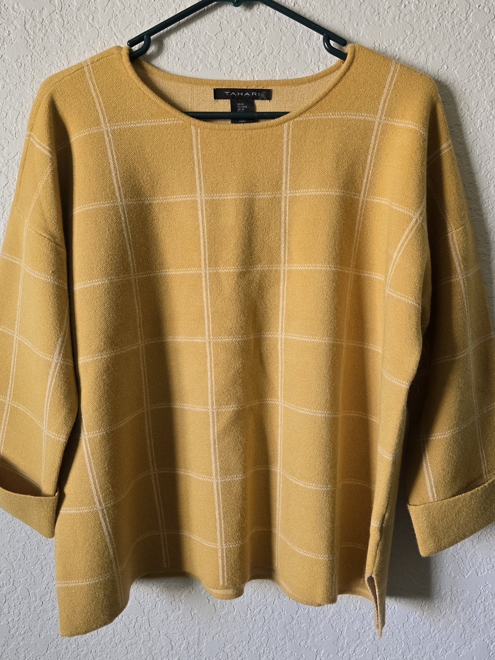 Tahari Mustard Windowpane Knit Sweater
